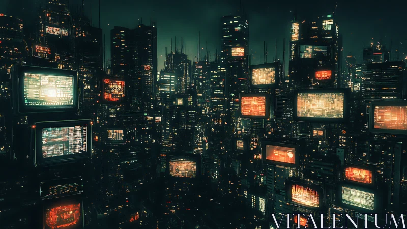 Dense neon cityscape with suspended data monitors at night.