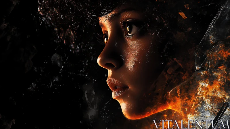 Cybernetic pilot portrait in molten ember particle field