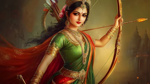Hindu warrior goddess with bow in ornate traditional attire.
