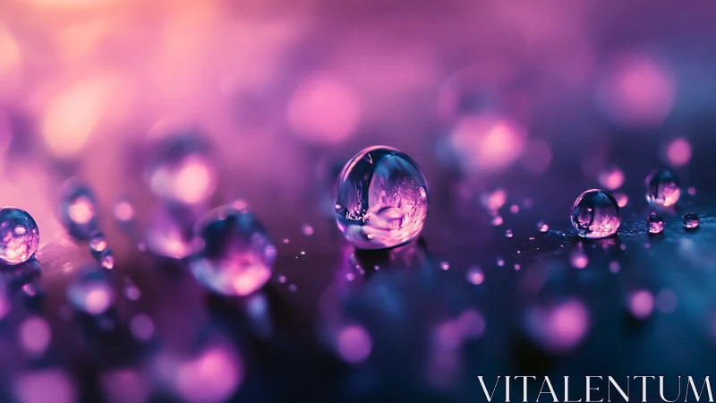 Macro bokeh study of violet water droplets on dark surface