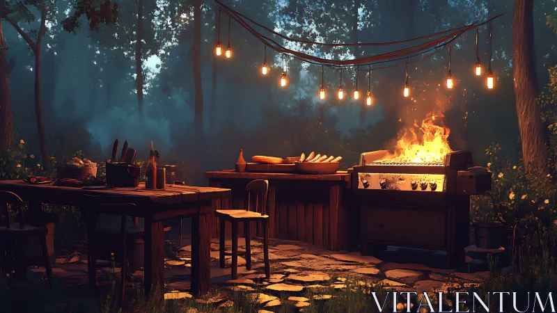 Digital twilight forest grillscape with cinematic warm lighting.