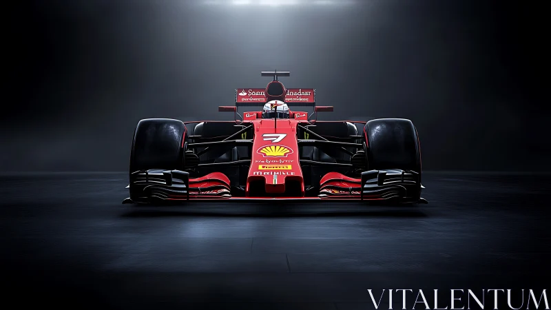 Scarlet Formula racing car under dramatic studio lighting.