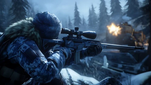 Sniper operative engaging target in winter landscape setting.