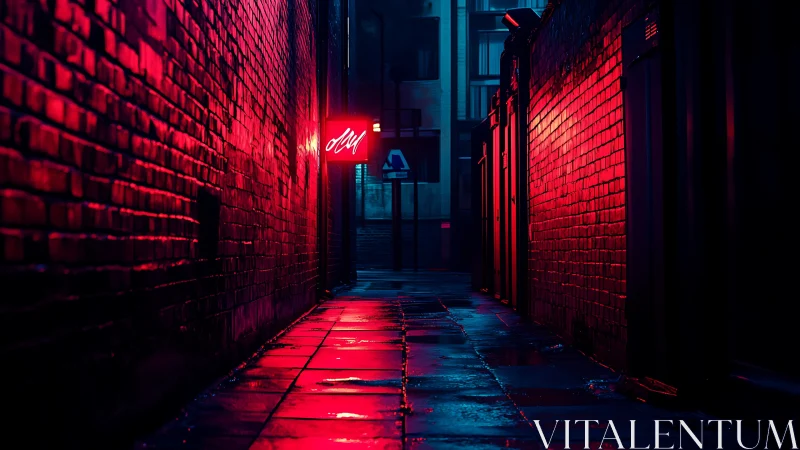Neon lit urban alley with wet pavement at night.