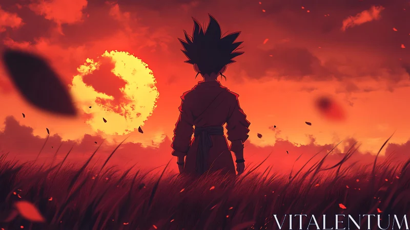 Spiky-haired warrior studies burning sunset over crimson field.