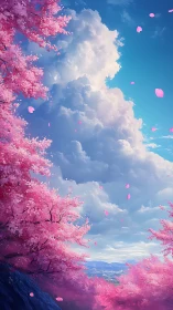 Vertical landscape shows cherry trees and cumulus cloud column