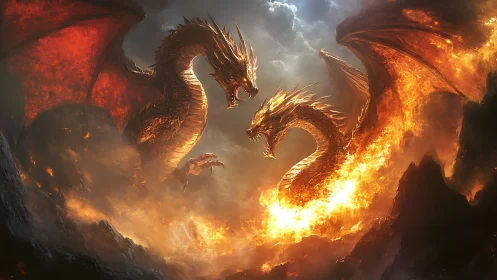 Two large fire dragons confront each other above lava fields