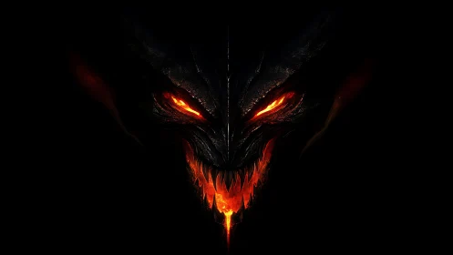 Demonic fiery face emerges from darkness with molten rage