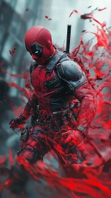 Masked red-suited antihero amid swirling red liquid.