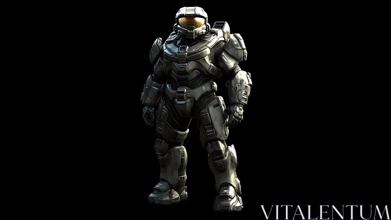 Steel-clad space sentinel strides out from the starless void