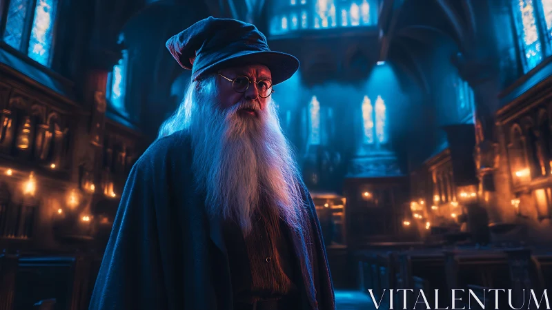 Elderly wizard in candlelit gothic hall with blue haze.