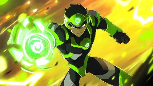 Energetic armored hero generates radial neon-green energy shield