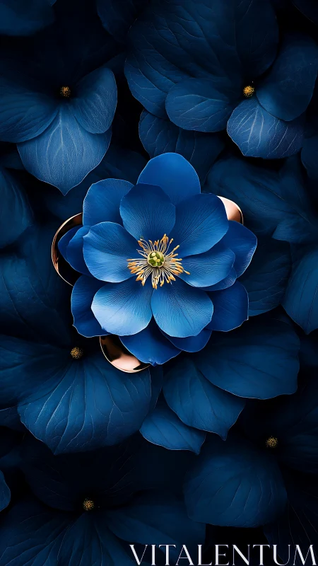 Luminous Blue Petals with Golden Center Detail.