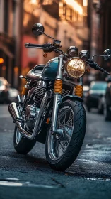 Retro-style street motorcycle parked in urban roadway at dusk.