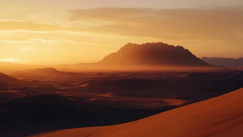 Desert dunes under glowing sunset sky with distant mountain ridge.