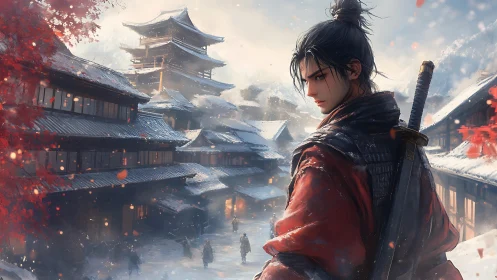 Stoic swordsman above snowy Japanese village at dusk.