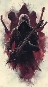 Hooded metal guitarist with shadowed band in red haze.