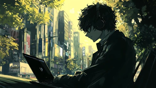 Anime urban coder in cinematic backlit streetscape silhouette.