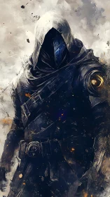 Hooded armored figure in dark cloak amid swirling smoke.