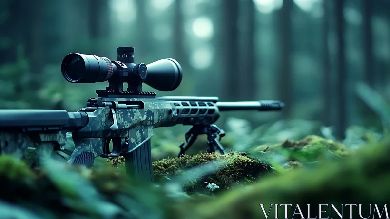 Tactical rifle with magnified scope mounted on bipod in forest environment.