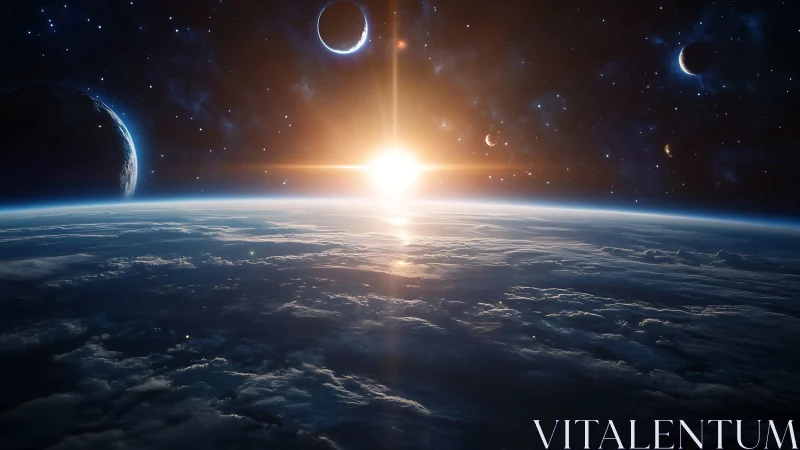 Sunrise over planet horizon with glowing distant moons.