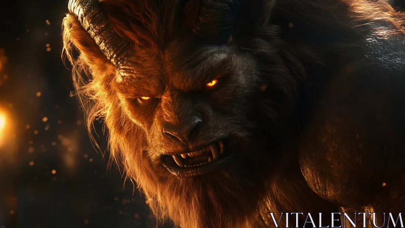 Demonic beast snarls in fiery shadows with blazing eyes