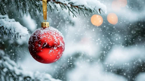 Red Christmas bauble hangs from snow covered pine branch.