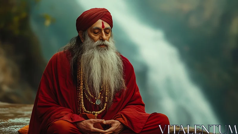Meditating sage in red robes sits before blurred mountain waterfall