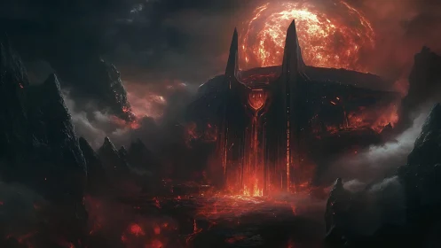 Molten citadel beneath a burning crimson star.