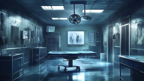 Surgical operating room interior is rendered in cool blue light