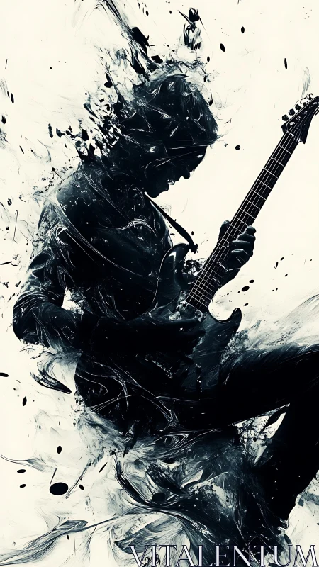 Shredding guitarist silhouette in abstract ink explosion.