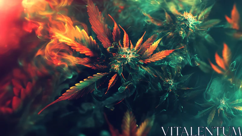 Luminous cannabis leaves glow in swirling neon color clouds