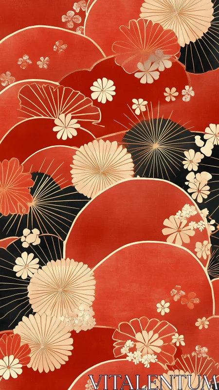 Crimson layered fans with stylized florals in Japanese rhythm.