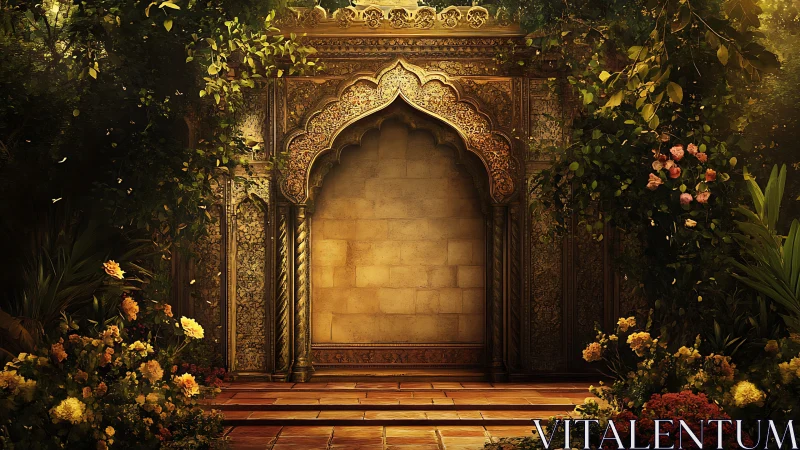 Ornate stone archway framed by lush flowering garden.