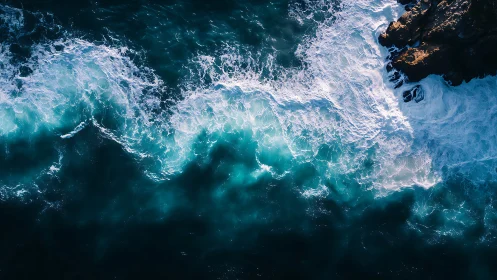 Aerial coastal surf impact with turquoise wave turbulence