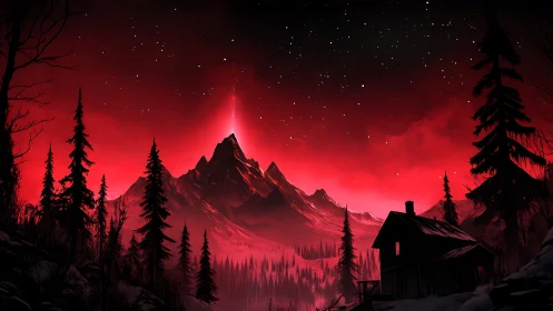 Red-illuminated mountain range rises behind forest cabin