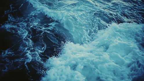 Hydrodynamic turbulence in cyan-toned ocean surface flow.