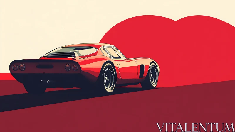 Retro sports car illustration on bold red landscape.
