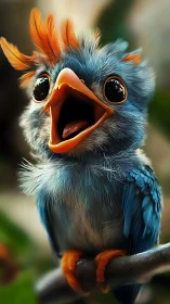 Photorealistic stylized blue songbird with expressive plumage.