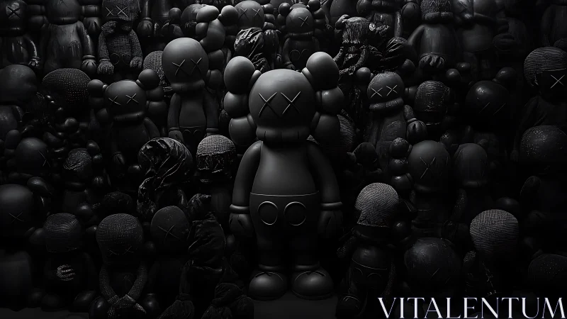 Monochrome vinyl figures arrayed in dense, low‑key illumination.