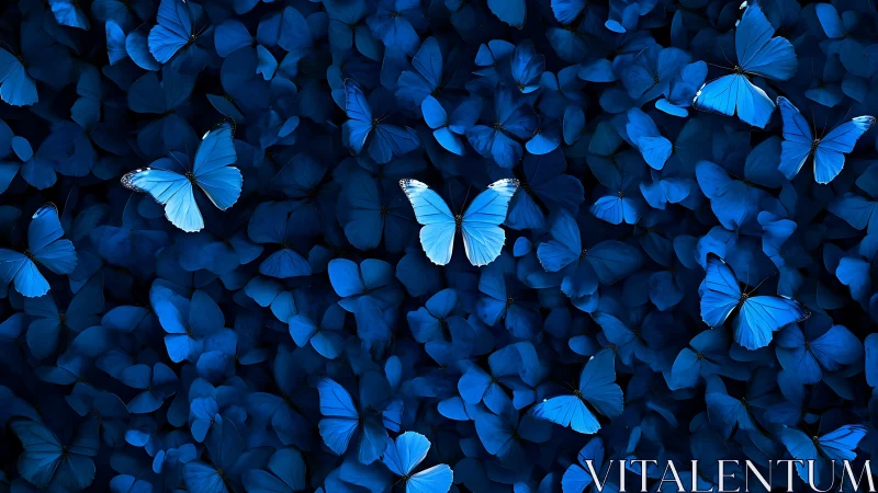 Vivid blue butterflies clustered in a dreamy, artistic background.