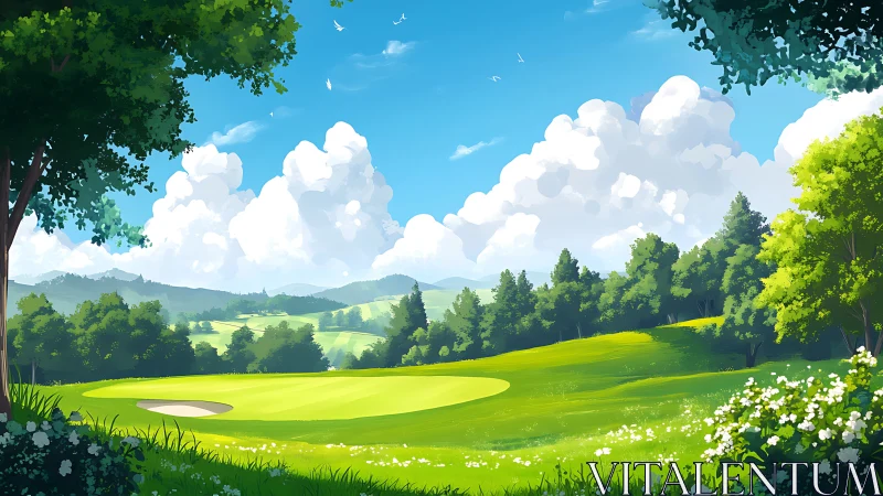 Golf course fairway within tree-framed rural landscape.