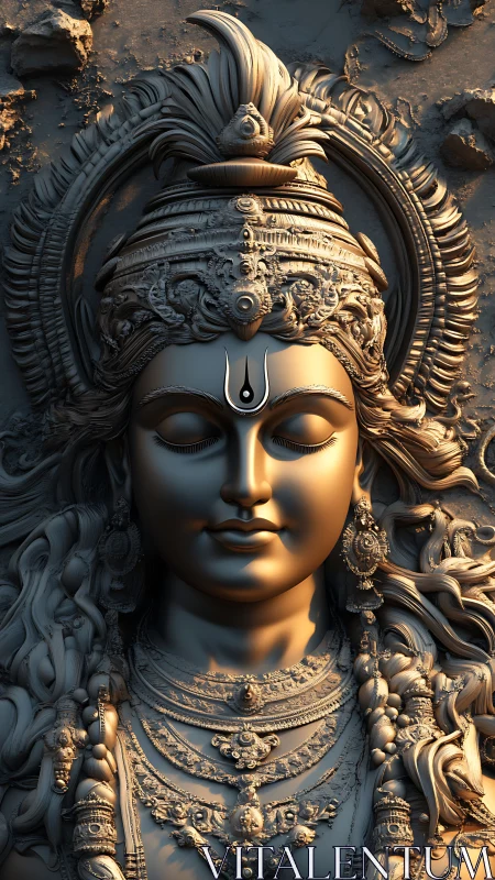 High-relief 3D render of ornate serene Hindu deity bust