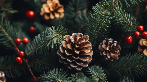 Frosted pinecones nestled in evergreen holiday branches.