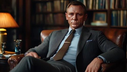 Steel-eyed gentleman in charcoal suit owning the study.