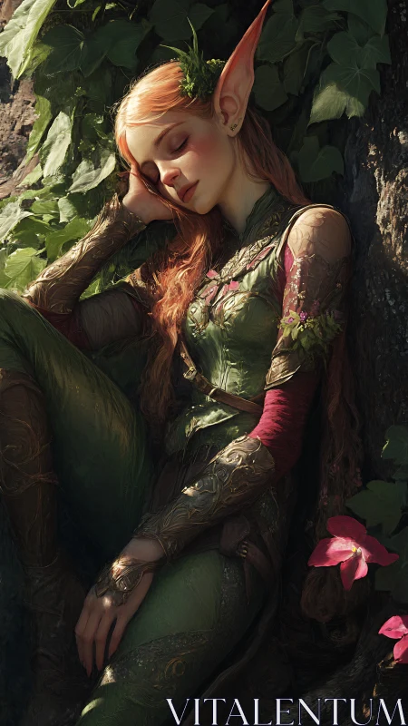 Elven figure resting against tree in dense green foliage.