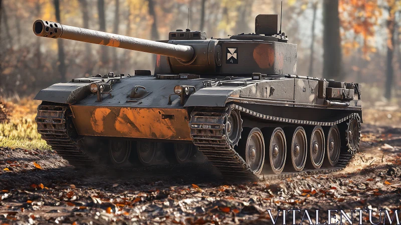 Heavy battle tank advancing through autumn forest trail.