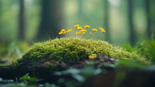 Yellow wildflowers on moss mound in softly blurred forest.