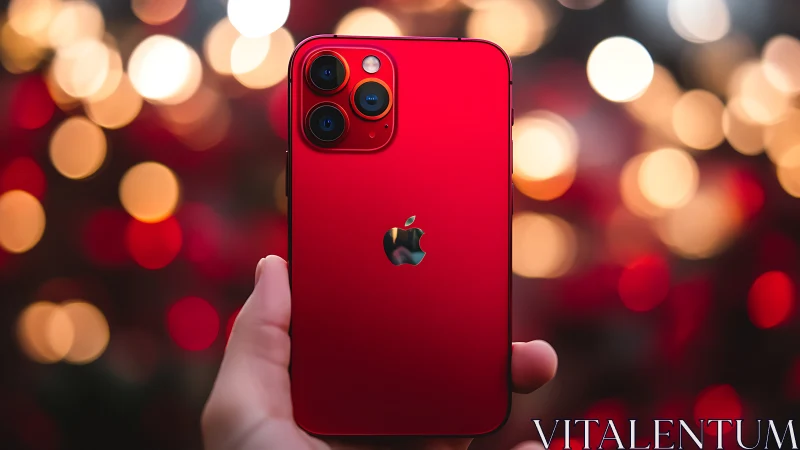 Red iPhone 11 Pro displayed in hand against bokeh lights.