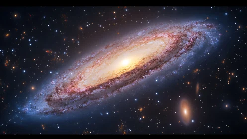 Luminous spiral galaxy drifts through a star-filled cosmos.